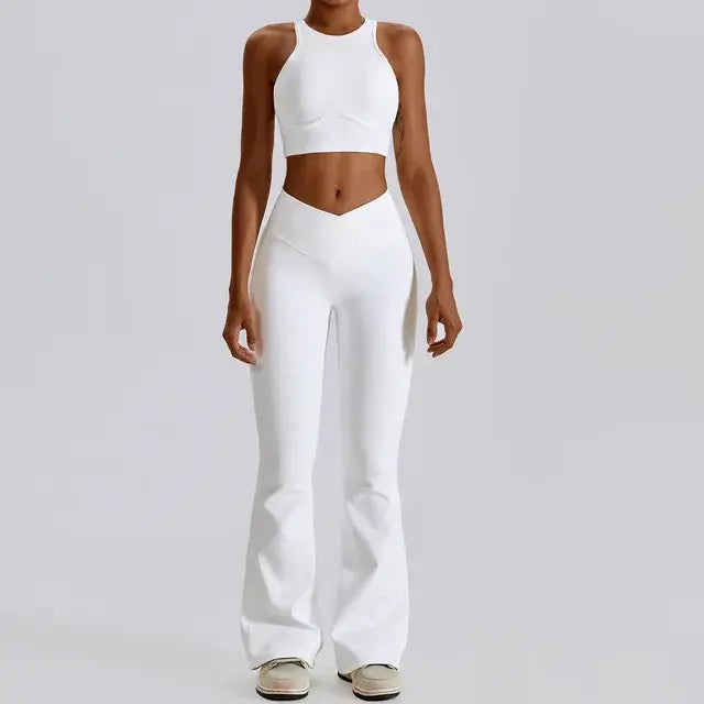 Stylish and comfortable women's two-piece fitness gym wear set featuring a matching sports bra and high-waisted leggings. Ideal for workouts, yoga, and casual wear, made from stretchy, moisture-wicking fabric