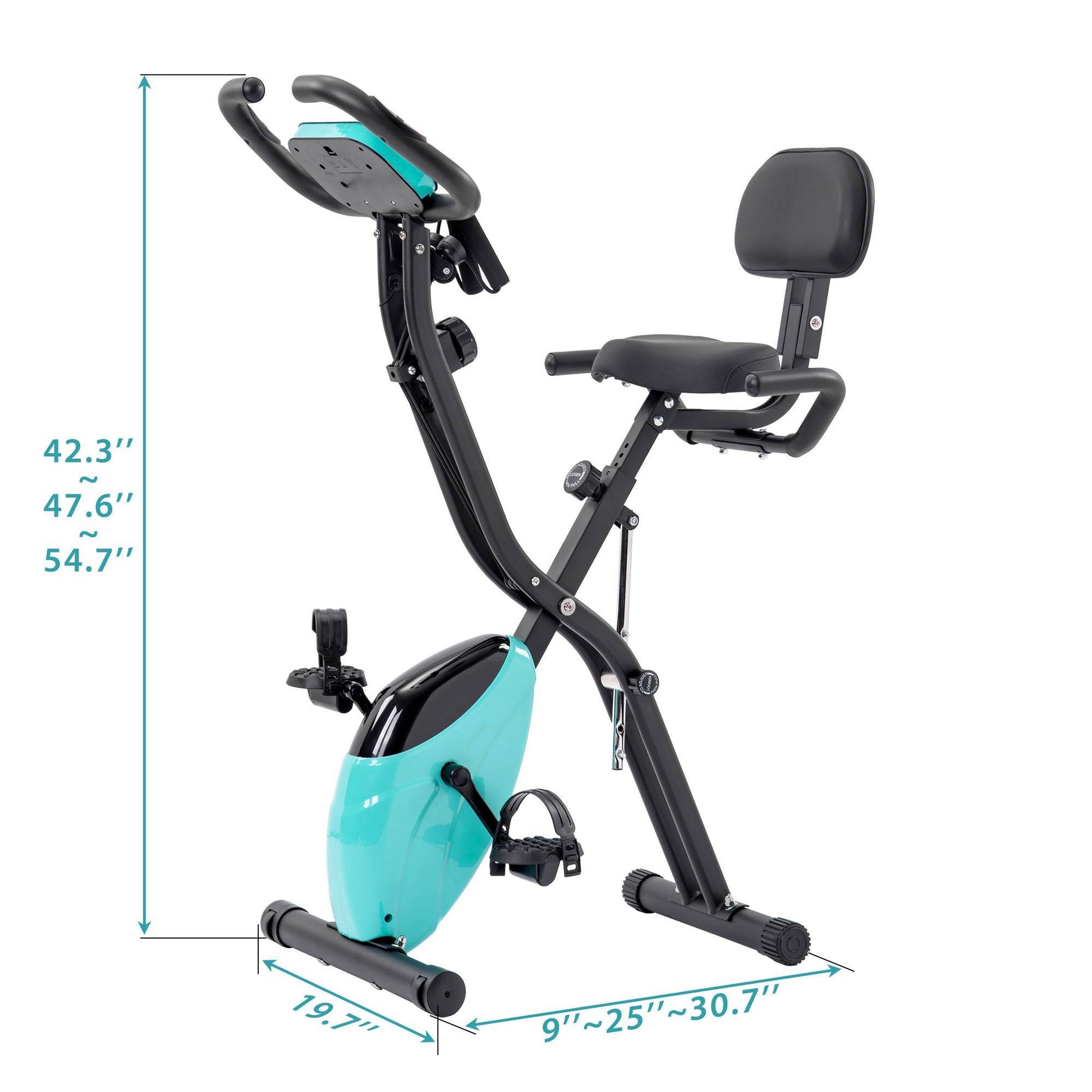 Turquoise and black Folding exercise bike with LCD display, arm bands, and adjustable resistance – upright and recumbent modes