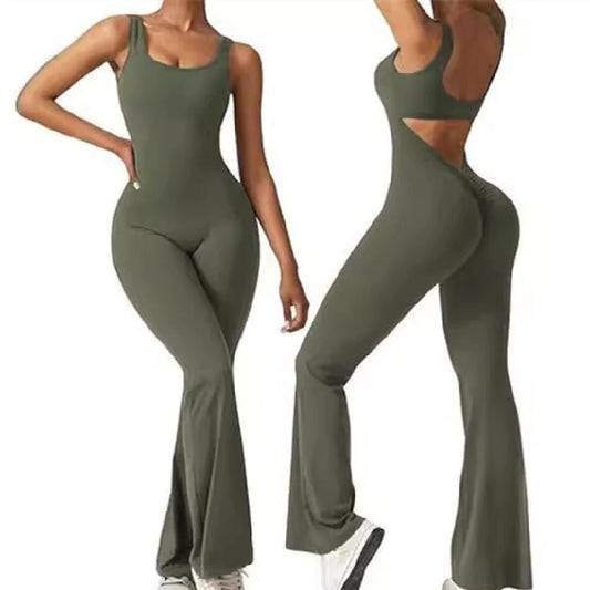 Women's back-out one-piece jumpsuit featuring a sleek, stylish open-back design. Crafted from a comfortable, stretchy material, this jumpsuit combines elegance and practicality, making it perfect for casual outings, workouts, or lounging in chic comfort.- TNT Fitness Gear