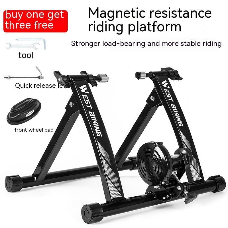 Premium indoor bicycle trainer with robust steel construction for durability and stability during intense workouts. Features advanced magnet resistance for a seamless riding experience and bike-friendly design to prevent wear. Lightweight, portable, and compatible with various bike sizes, ideal for training in any weather. - TNT Fitness