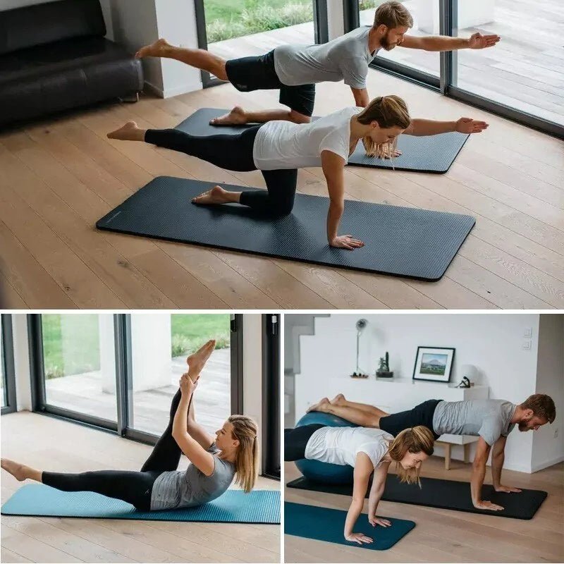 Big size gym workout yoga mat crafted from high-quality elastic NBR for optimal cushioning and support. Features dual-sided non-slip surfaces for secure workouts, easy-to-clean material for hygiene, and large dimensions suitable for dynamic movements and all fitness levels. Perfect for home gyms, studios, or group classes. TNT Fitness Gear