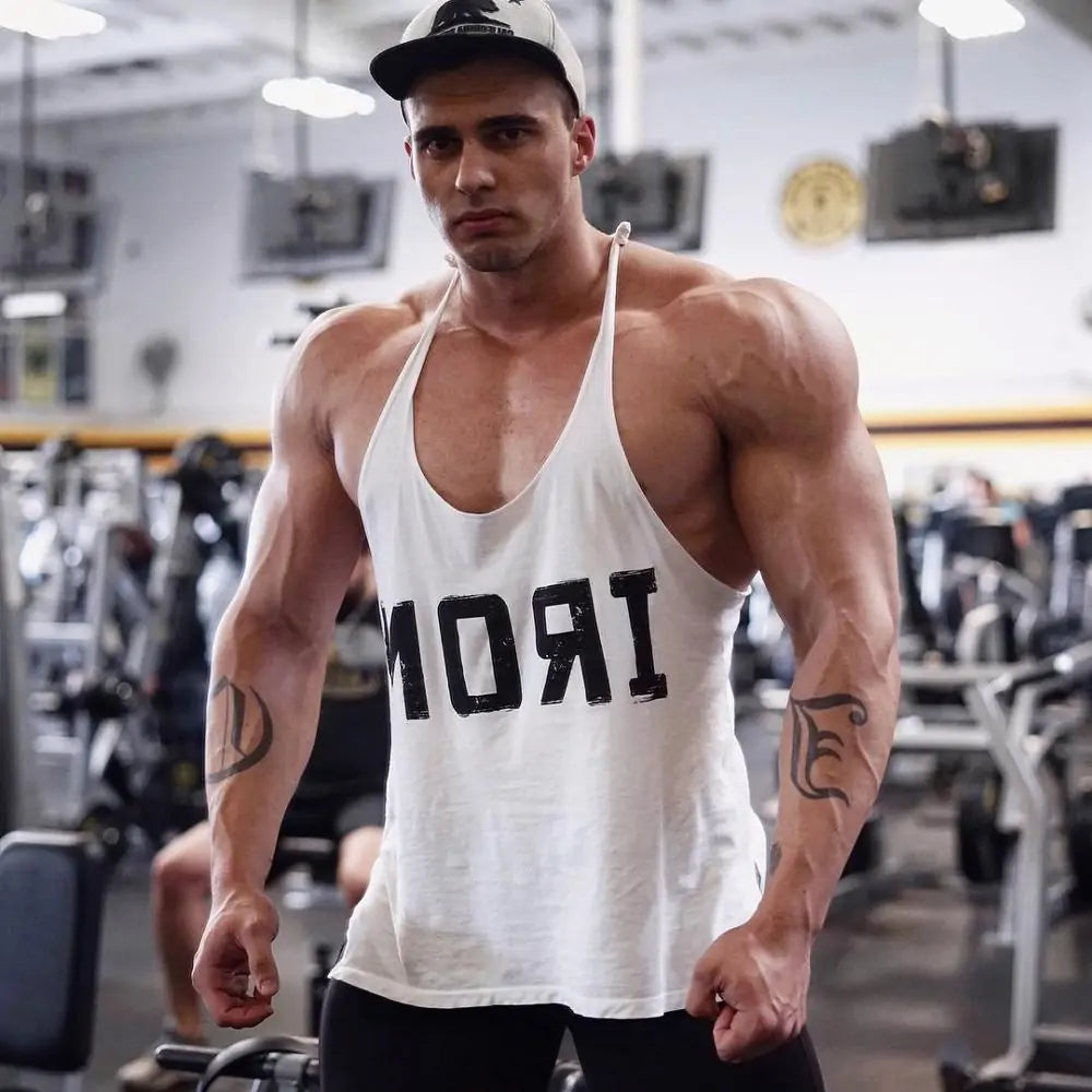 Men's Athletic Y-Back 'IRON' Printed Gym Muscle Shirt – Bodybuilding Tank Top: Lightweight and breathable tank top featuring a bold 'IRON' print, Y-back design, and thin shoulder straps for enhanced mobility and comfort during workouts or casual wear - TNT Fitness Gear