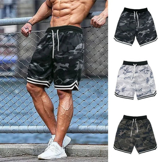 Camouflage Sports / Fitness Shorts - breathable, lightweight fabric with flexible design, elastic waistband, and pockets for essentials. Bold camouflage pattern for workouts and casual wear - TNT Fitness Gear