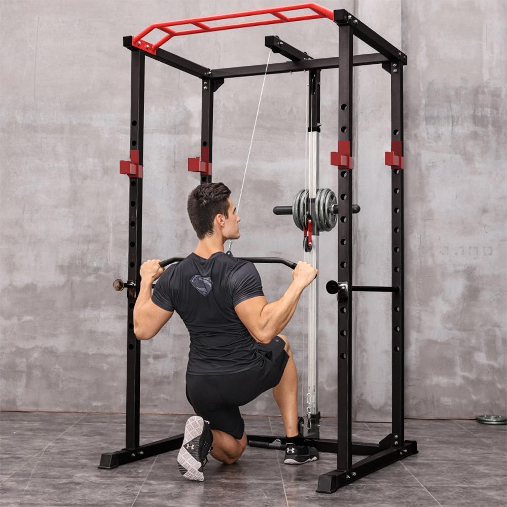 Multi-functional power cage with pull-up bar, squat rack, and barbell station – adjustable 1000 lb home gym frame