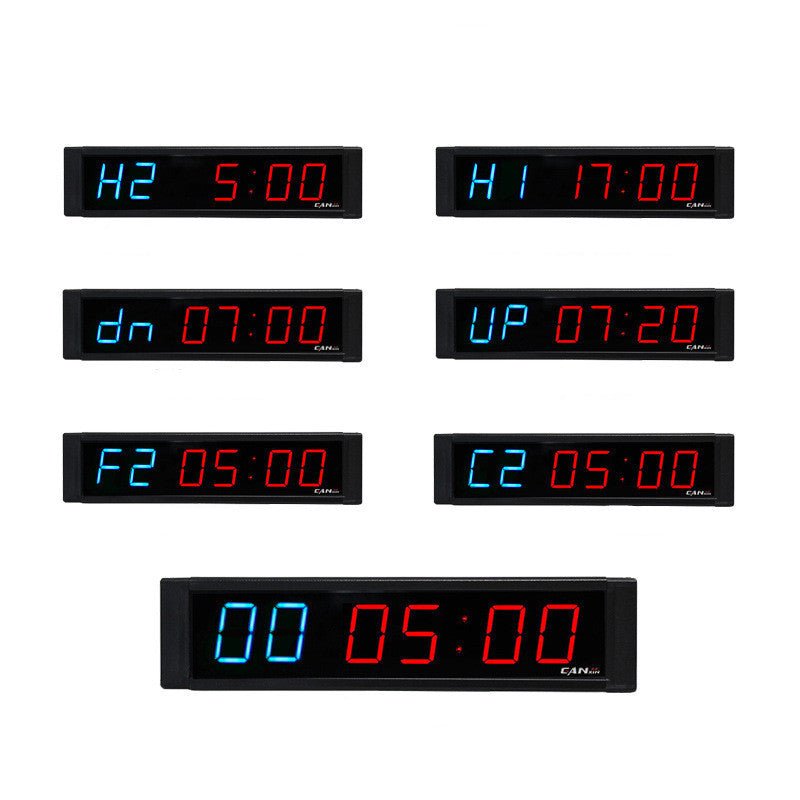 1-inch Electronic Countdown Training Timer with vibrant blue and red LED displays for outstanding visibility. Features an intuitive interface, infrared remote control, and durable aluminum design. Perfect for home, gym, or office workouts with wall-mount installation.- TNT Fitness Gear