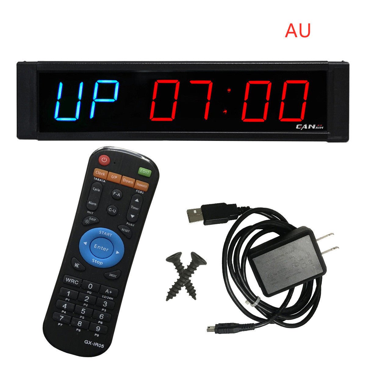 1-inch Electronic Countdown Training Timer with vibrant blue and red LED displays for outstanding visibility. Features an intuitive interface, infrared remote control, and durable aluminum design. Perfect for home, gym, or office workouts with wall-mount installation.- TNT Fitness Gear