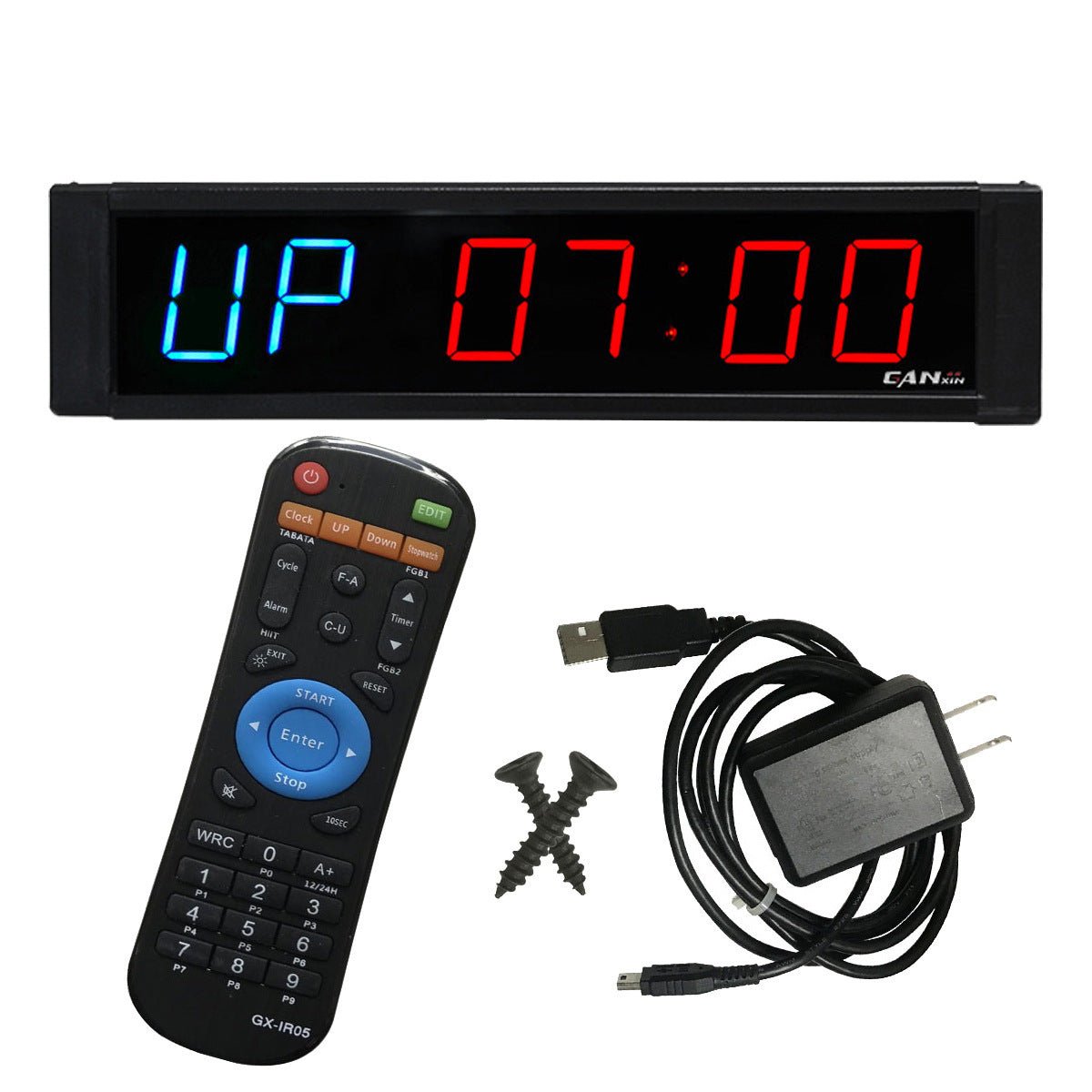 1-inch Electronic Countdown Training Timer with vibrant blue and red LED displays for outstanding visibility. Features an intuitive interface, infrared remote control, and durable aluminum design. Perfect for home, gym, or office workouts with wall-mount installation.- TNT Fitness Gear