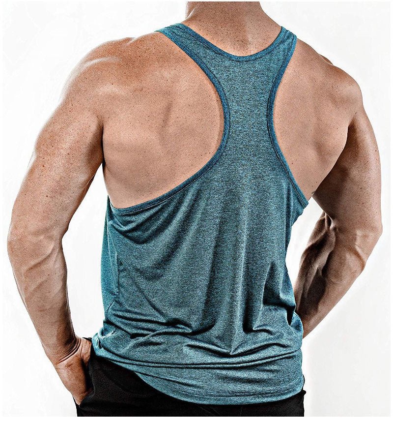 Men's workout stringer tank top with athletic Y-back design. Lightweight and flexible for gym and casual wear by TNT Fitness Gear.