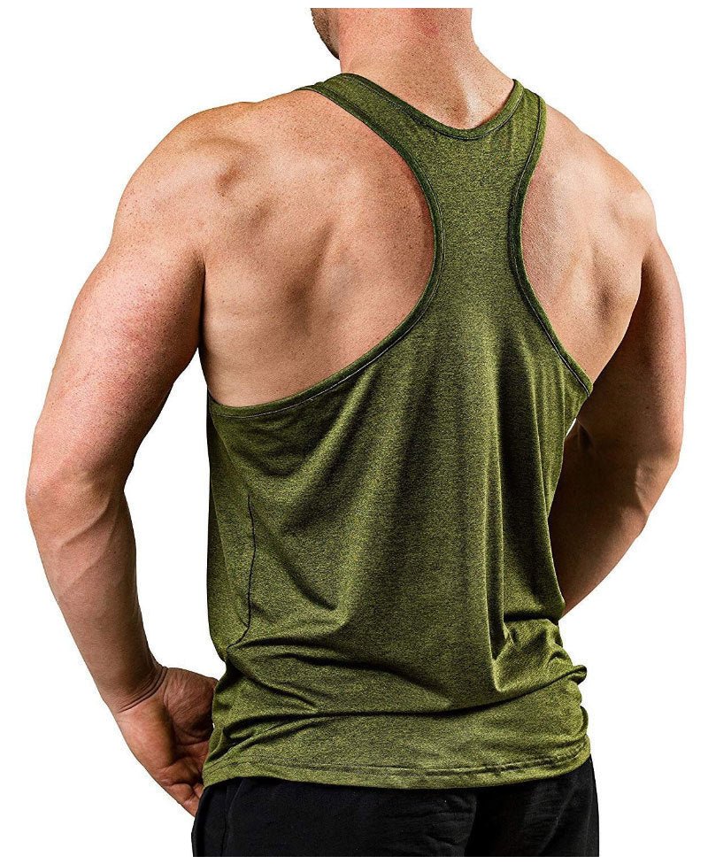 Men's workout stringer tank top with athletic Y-back design. Lightweight and flexible for gym and casual wear by TNT Fitness Gear.