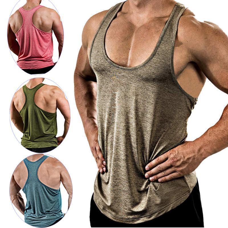 Men's workout stringer tank top with athletic Y-back design. Lightweight and flexible for gym and casual wear by TNT Fitness Gear.