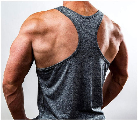 Men's workout stringer tank top with athletic Y-back design. Lightweight and flexible for gym and casual wear by TNT Fitness Gear.
