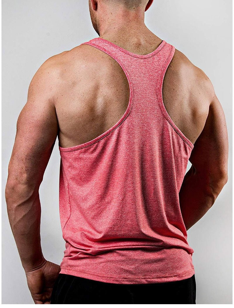 Men's workout stringer tank top with athletic Y-back design. Lightweight and flexible for gym and casual wear by TNT Fitness Gear.
