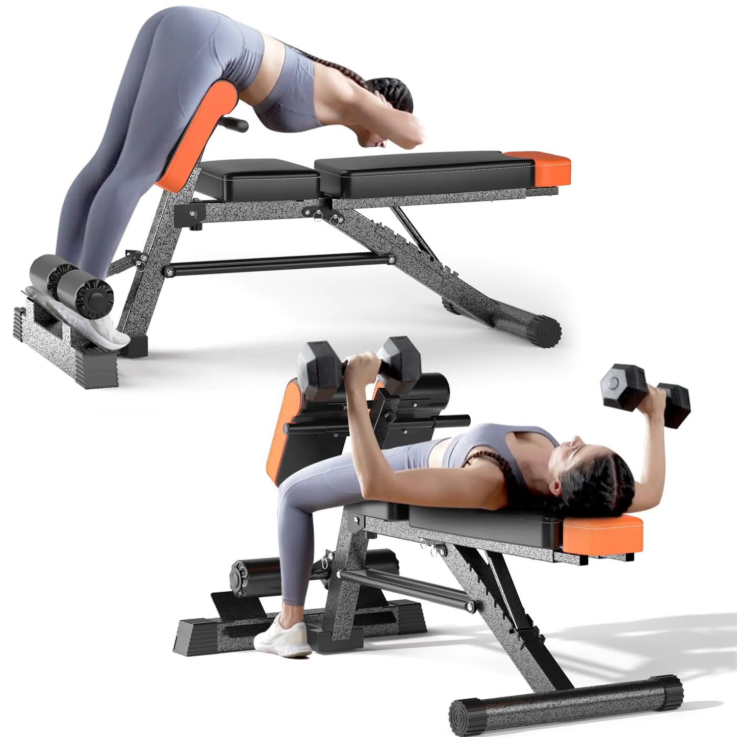 Adjustable workout bench with preacher curl and Roman chair used for full-body strength training