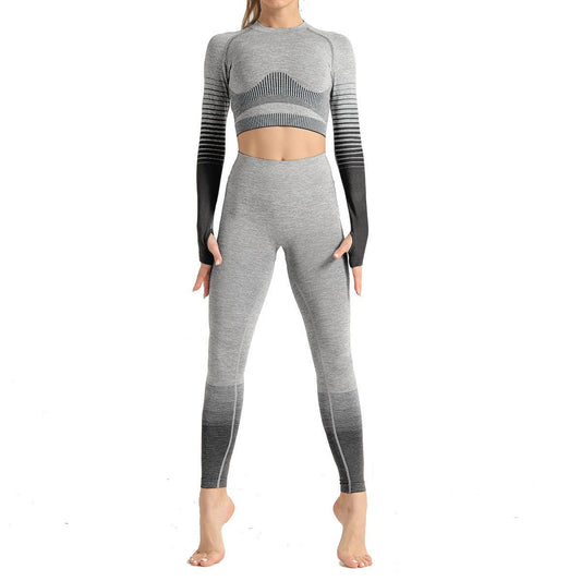 Women wearing a seamless long sleeve training set designed for workouts and active movement
