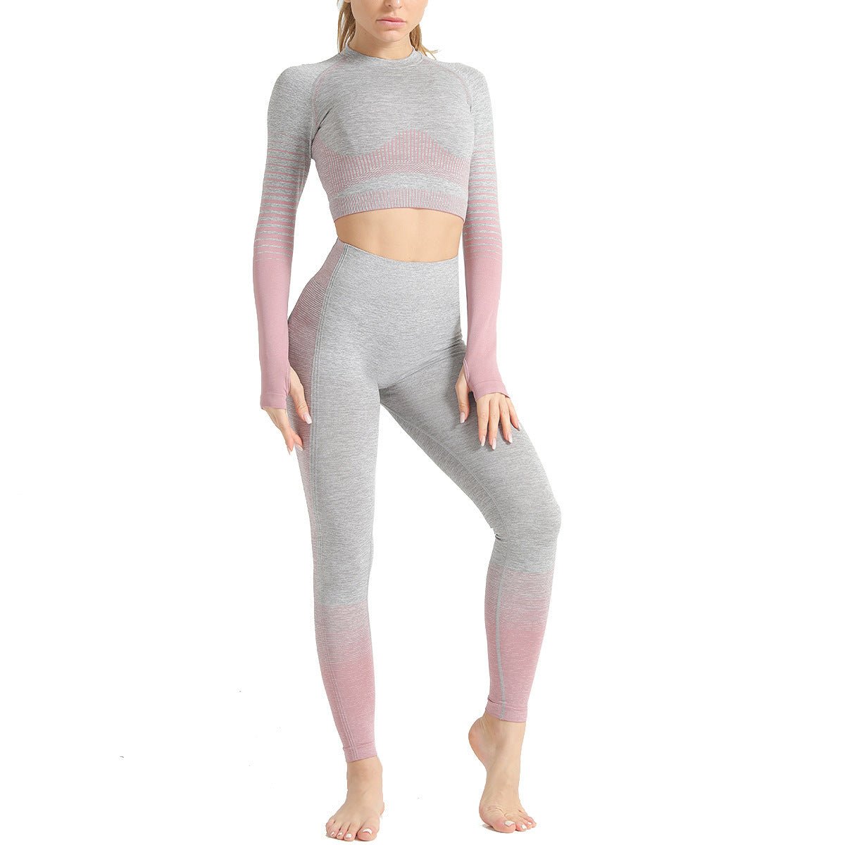 Women wearing a seamless long sleeve training set designed for workouts and active movement