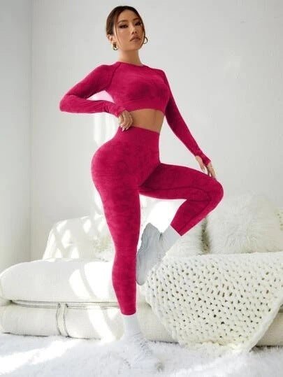 Stylish two-piece gym and yoga set featuring a solid-color design in vibrant shades of red, blue, green, and gray, crafted from high-quality nylon for comfort and performance. - TNT Fitness Gear