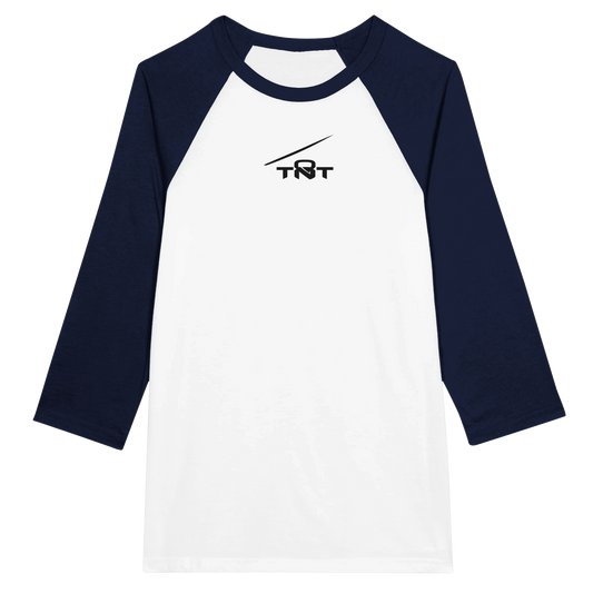 Navy and white TNT Performance Raglan Training Shirt with 3/4 sleeves and black TNT tension line logo on a white background