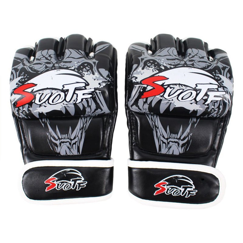 Protective Sanda sparring and punching bag gloves designed for fighting training. Made with durable materials for impact absorption and wrist support, offering comfort and safety during intense sparring and punching bag sessions.- TNT Fitness Gear