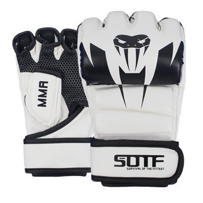 Protective Sanda sparring and punching bag gloves designed for fighting training. Made with durable materials for impact absorption and wrist support, offering comfort and safety during intense sparring and punching bag sessions.- TNT Fitness Gear
