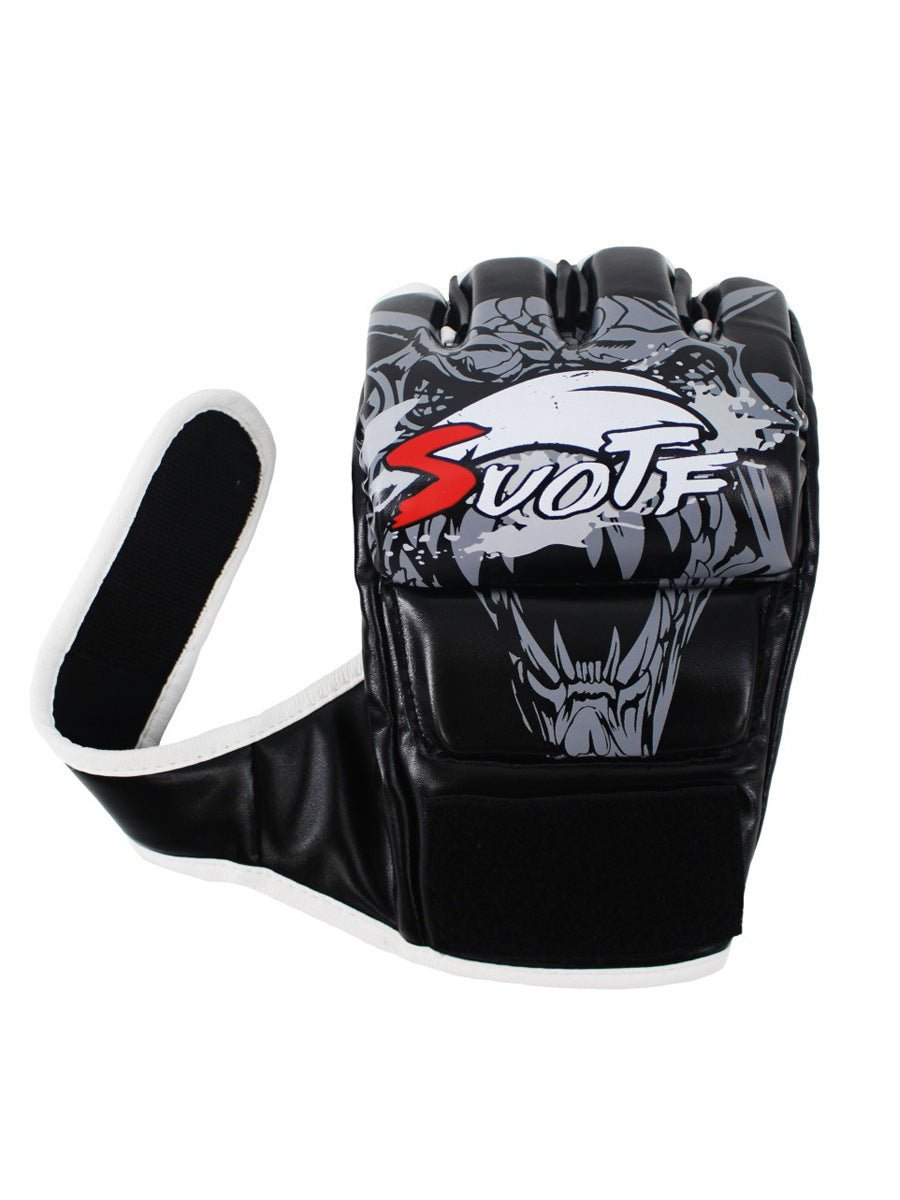 Protective Sanda sparring and punching bag gloves designed for fighting training. Made with durable materials for impact absorption and wrist support, offering comfort and safety during intense sparring and punching bag sessions.- TNT Fitness Gear