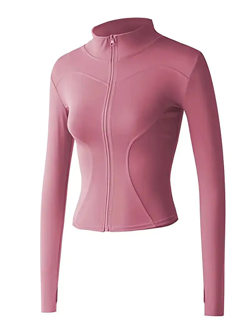 Women's lightweight zip-up yoga and workout jacket, designed for comfort and functionality. Made with breathable, stretchy fabric, this jacket offers a sleek fit and features a full zipper for easy layering. Perfect for yoga, workouts, or casual athleisure wear.- TNT Fitness Gear