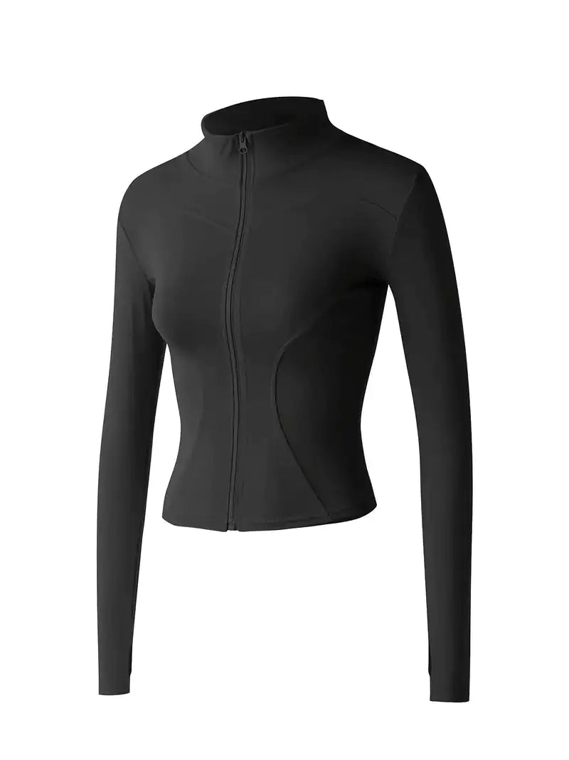 Women's lightweight zip-up yoga and workout jacket, designed for comfort and functionality. Made with breathable, stretchy fabric, this jacket offers a sleek fit and features a full zipper for easy layering. Perfect for yoga, workouts, or casual athleisure wear.- TNT Fitness Gear