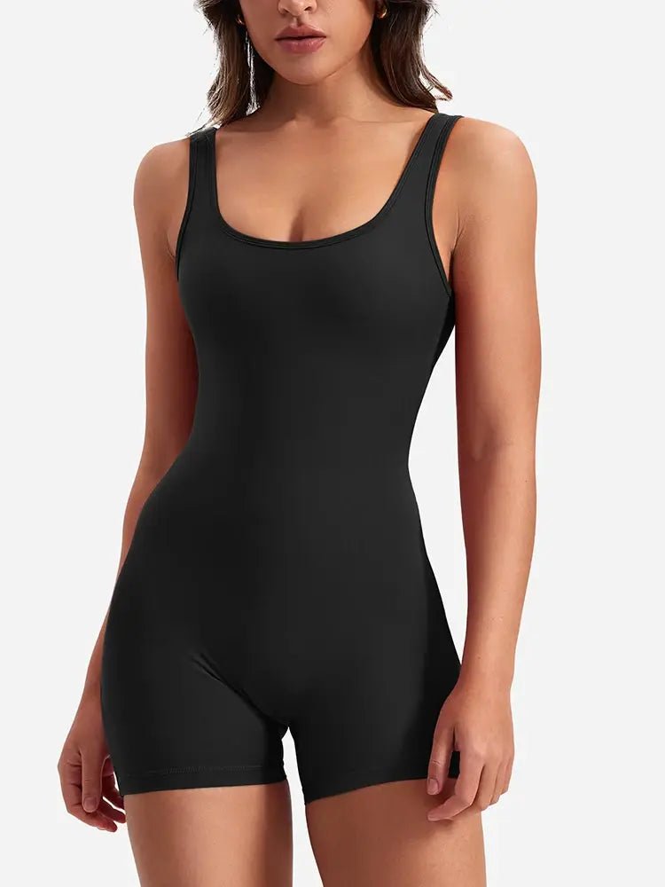 Women's back-out shorts workout jumpsuit featuring a stylish open-back design and a comfortable, snug fit. Made with breathable, stretchy fabric, this versatile jumpsuit is ideal for workouts, yoga, or casual athleisure wear - TNT Fitness Gear