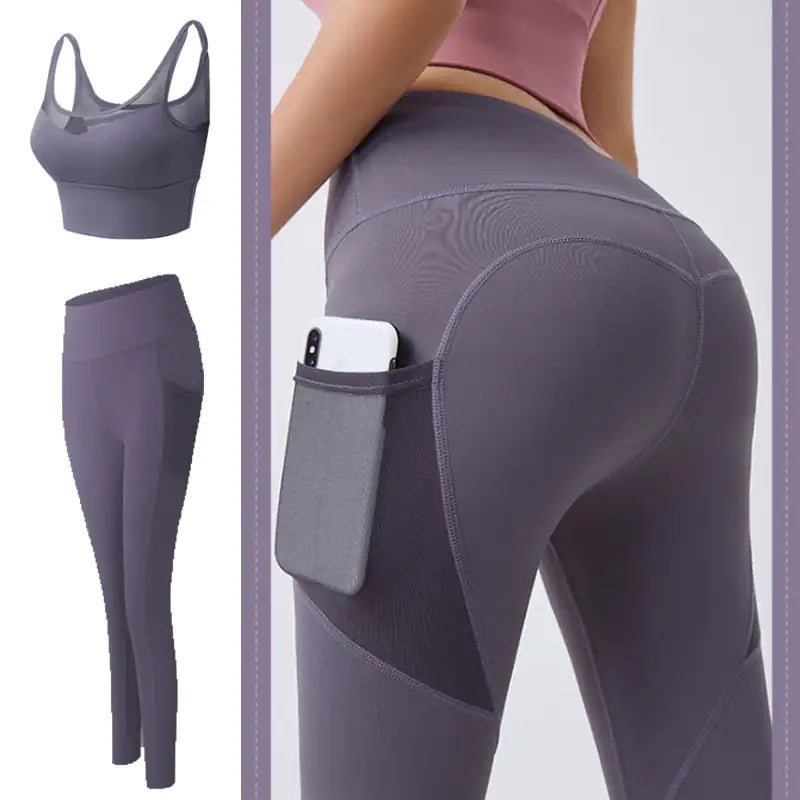 Fitness legging and yoga set with a convenient cell phone pocket. Designed for style and performance, this set features breathable, flexible fabric for unrestricted movement, a supportive fit that flatters your figure, and a practical pocket for essentials. Ideal for workouts, yoga, or casual wear - TNT Fitness Gear