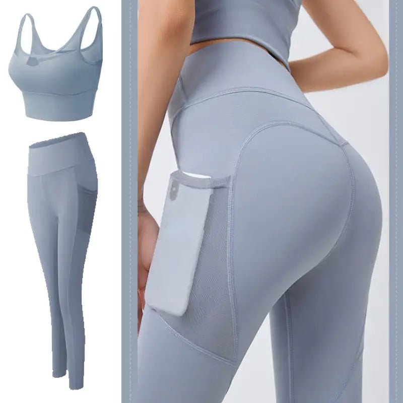 Fitness legging and yoga set with a convenient cell phone pocket. Designed for style and performance, this set features breathable, flexible fabric for unrestricted movement, a supportive fit that flatters your figure, and a practical pocket for essentials. Ideal for workouts, yoga, or casual wear - TNT Fitness Gear