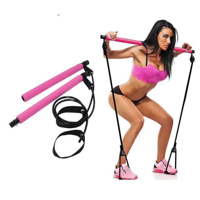 Pilates Bar with integrated resistance bands, designed to enhance workouts by engaging all muscle groups. Promotes better posture, stability, and core strength with adjustable resistance for all fitness levels. Made from durable materials with comfortable grips, it’s lightweight, compact, and perfect for home, gym, or travel use.- TNT Fitness Gear