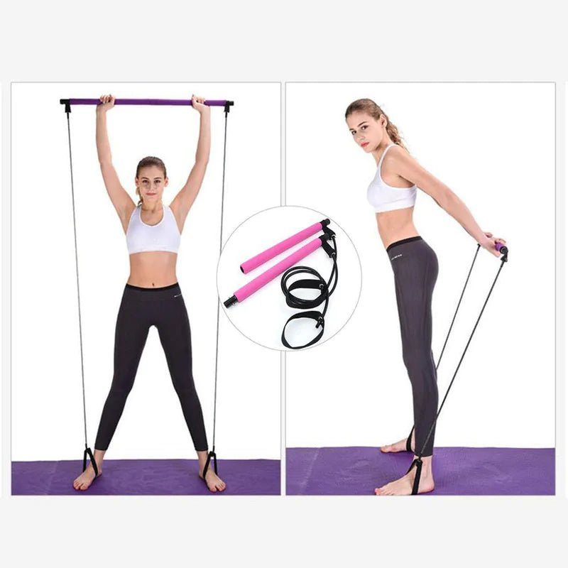 Pilates Bar with integrated resistance bands, designed to enhance workouts by engaging all muscle groups. Promotes better posture, stability, and core strength with adjustable resistance for all fitness levels. Made from durable materials with comfortable grips, it’s lightweight, compact, and perfect for home, gym, or travel use.- TNT Fitness Gear