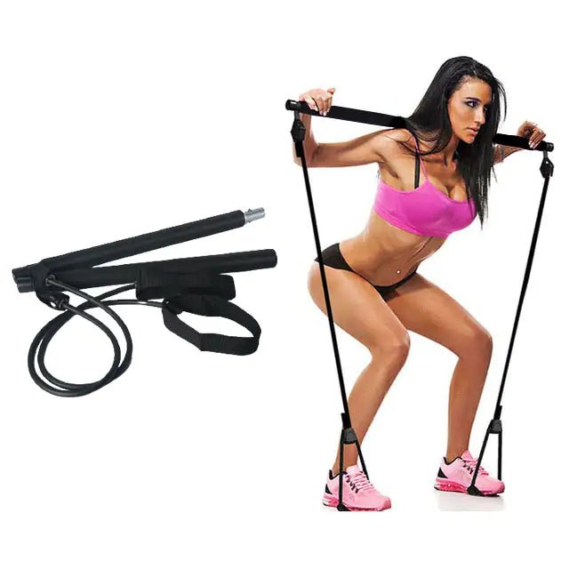 Pilates Bar with integrated resistance bands, designed to enhance workouts by engaging all muscle groups. Promotes better posture, stability, and core strength with adjustable resistance for all fitness levels. Made from durable materials with comfortable grips, it’s lightweight, compact, and perfect for home, gym, or travel use.- TNT Fitness Gear