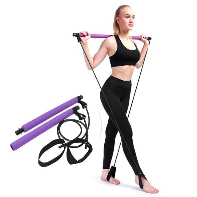 Pilates Bar with integrated resistance bands, designed to enhance workouts by engaging all muscle groups. Promotes better posture, stability, and core strength with adjustable resistance for all fitness levels. Made from durable materials with comfortable grips, it’s lightweight, compact, and perfect for home, gym, or travel use.- TNT Fitness Gear