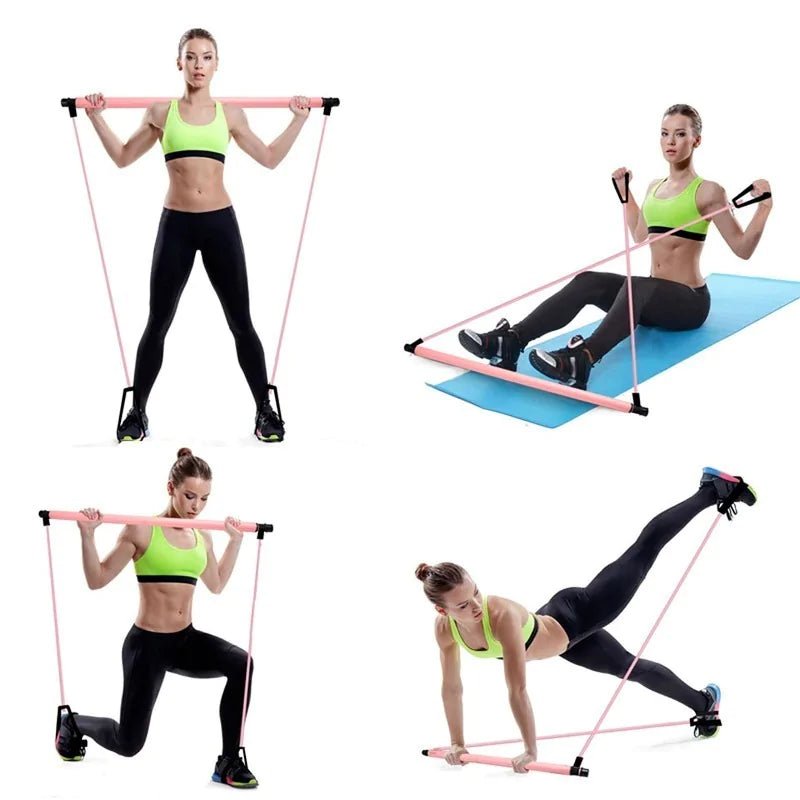 Pilates Bar with integrated resistance bands, designed to enhance workouts by engaging all muscle groups. Promotes better posture, stability, and core strength with adjustable resistance for all fitness levels. Made from durable materials with comfortable grips, it’s lightweight, compact, and perfect for home, gym, or travel use.- TNT Fitness Gear