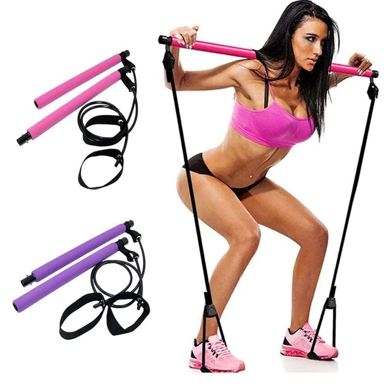 Pilates Bar with integrated resistance bands, designed to enhance workouts by engaging all muscle groups. Promotes better posture, stability, and core strength with adjustable resistance for all fitness levels. Made from durable materials with comfortable grips, it’s lightweight, compact, and perfect for home, gym, or travel use.- TNT Fitness Gear