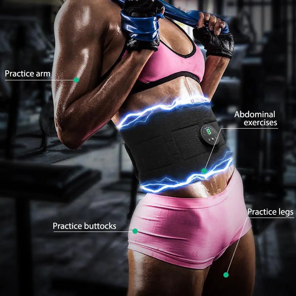 Abdominal Fitness Vibration Belt featuring EMS micro-electric technology for muscle activation and fat burning. Offers 6 modes, 9 vibration frequencies, and a USB charging design for convenience. Portable and ideal for quick shape transformation and post-use easy cleaning with a silicone sheet.- TNT Fitness Gear