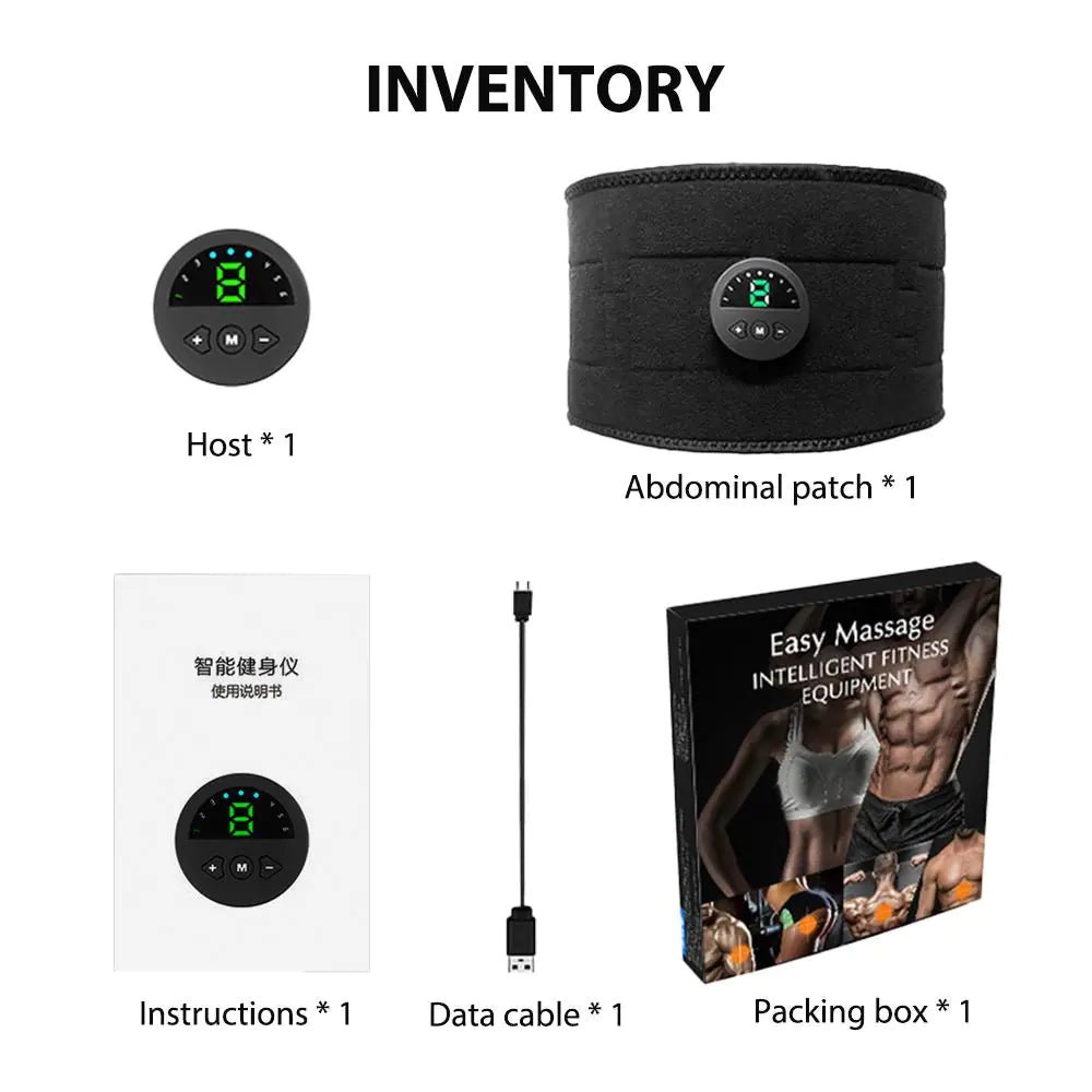 Abdominal Fitness Vibration Belt featuring EMS micro-electric technology for muscle activation and fat burning. Offers 6 modes, 9 vibration frequencies, and a USB charging design for convenience. Portable and ideal for quick shape transformation and post-use easy cleaning with a silicone sheet.- TNT Fitness Gear