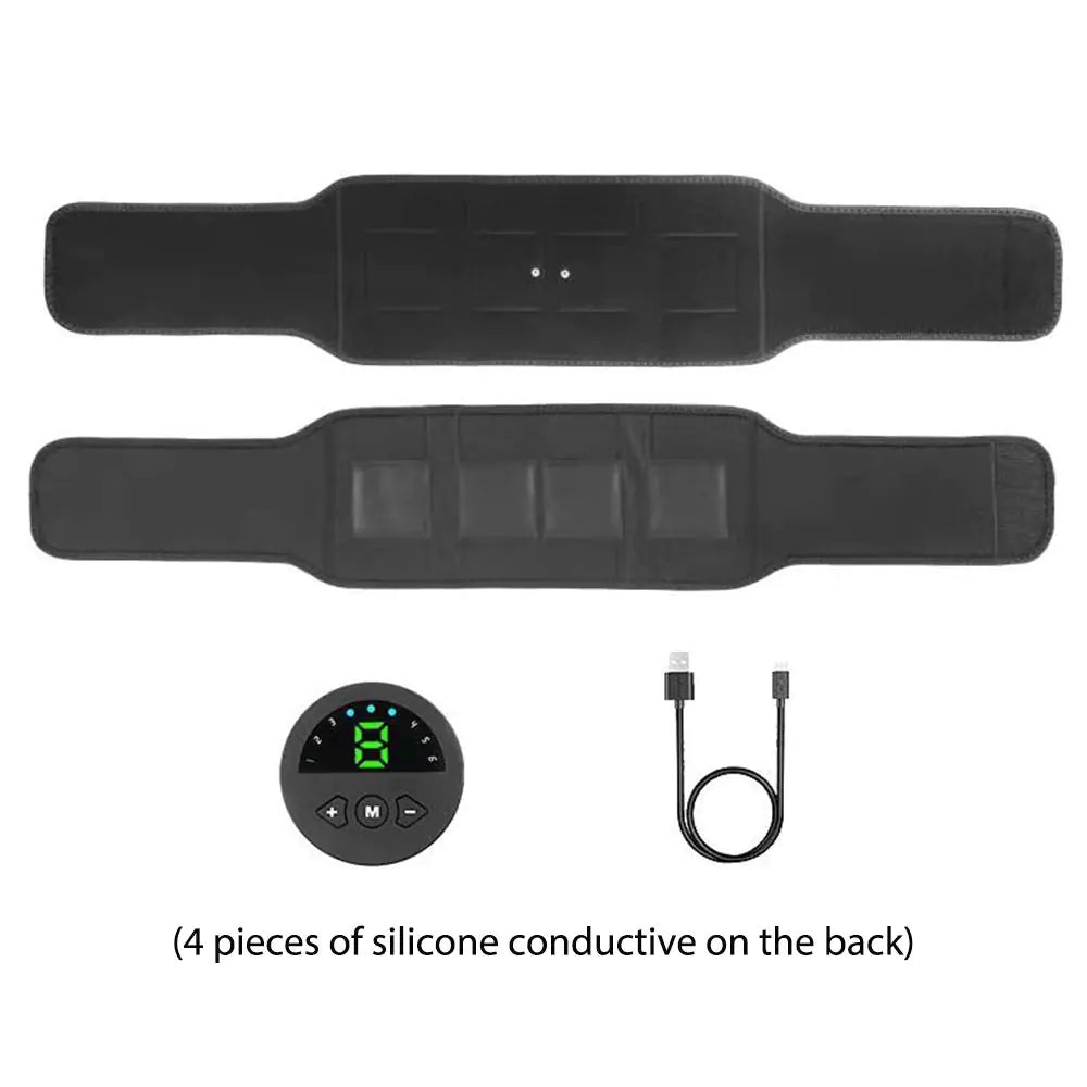 Abdominal Fitness Vibration Belt featuring EMS micro-electric technology for muscle activation and fat burning. Offers 6 modes, 9 vibration frequencies, and a USB charging design for convenience. Portable and ideal for quick shape transformation and post-use easy cleaning with a silicone sheet.- TNT Fitness Gear