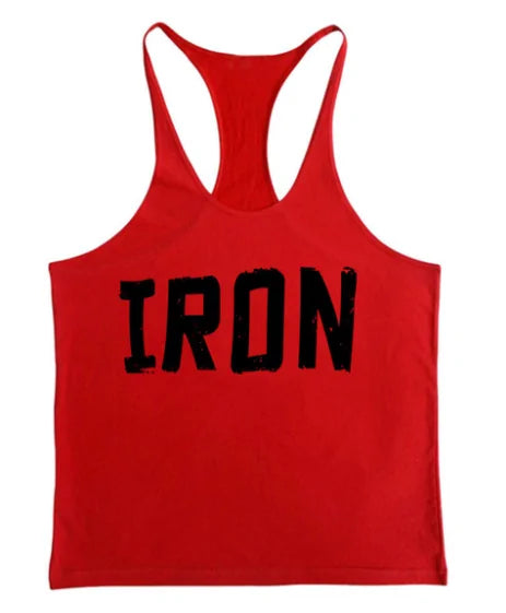 Men's Athletic Y-Back 'IRON' Printed Gym Muscle Shirt – Bodybuilding Tank Top: Lightweight and breathable tank top featuring a bold 'IRON' print, Y-back design, and thin shoulder straps for enhanced mobility and comfort during workouts or casual wear - TNT Fitness Gear