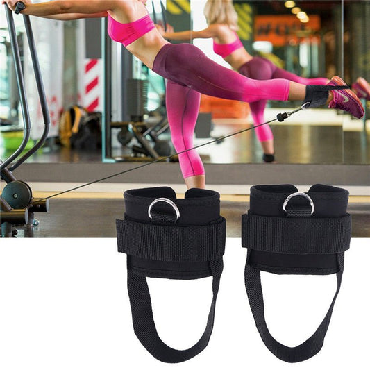 Durable and adjustable ankle straps for cable machines, designed for kickbacks, leg extensions, and glute workouts. Features a secure Velcro closure and heavy-duty metal D-rings for stability and comfort during strength training exercises.
