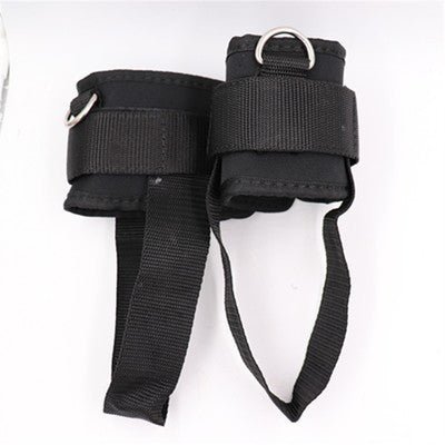 Durable and adjustable ankle straps for cable machines, designed for kickbacks, leg extensions, and glute workouts. Features a secure Velcro closure and heavy-duty metal D-rings for stability and comfort during strength training exercises.