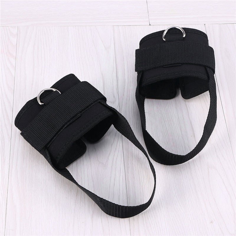 Durable and adjustable ankle straps for cable machines, designed for kickbacks, leg extensions, and glute workouts. Features a secure Velcro closure and heavy-duty metal D-rings for stability and comfort during strength training exercises.