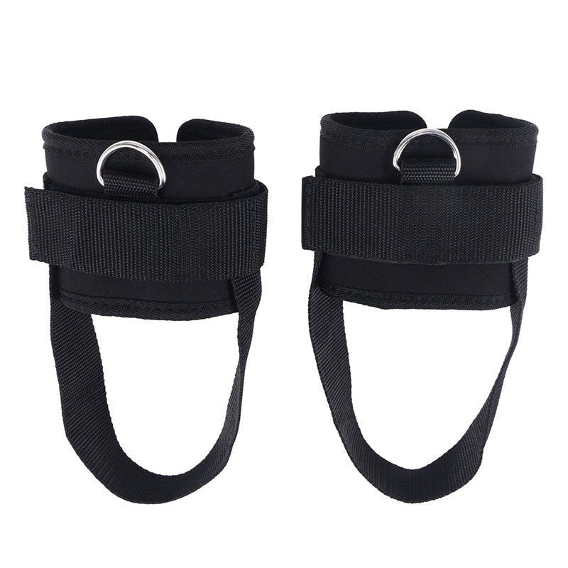 Durable and adjustable ankle straps for cable machines, designed for kickbacks, leg extensions, and glute workouts. Features a secure Velcro closure and heavy-duty metal D-rings for stability and comfort during strength training exercises.