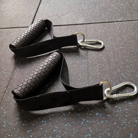 Anti-Slip Gym Exercise Handles designed for cable machines, featuring a strong grip and durable construction. Ideal for strength training, providing comfort and stability during intense workouts. TNT Fitness Gear