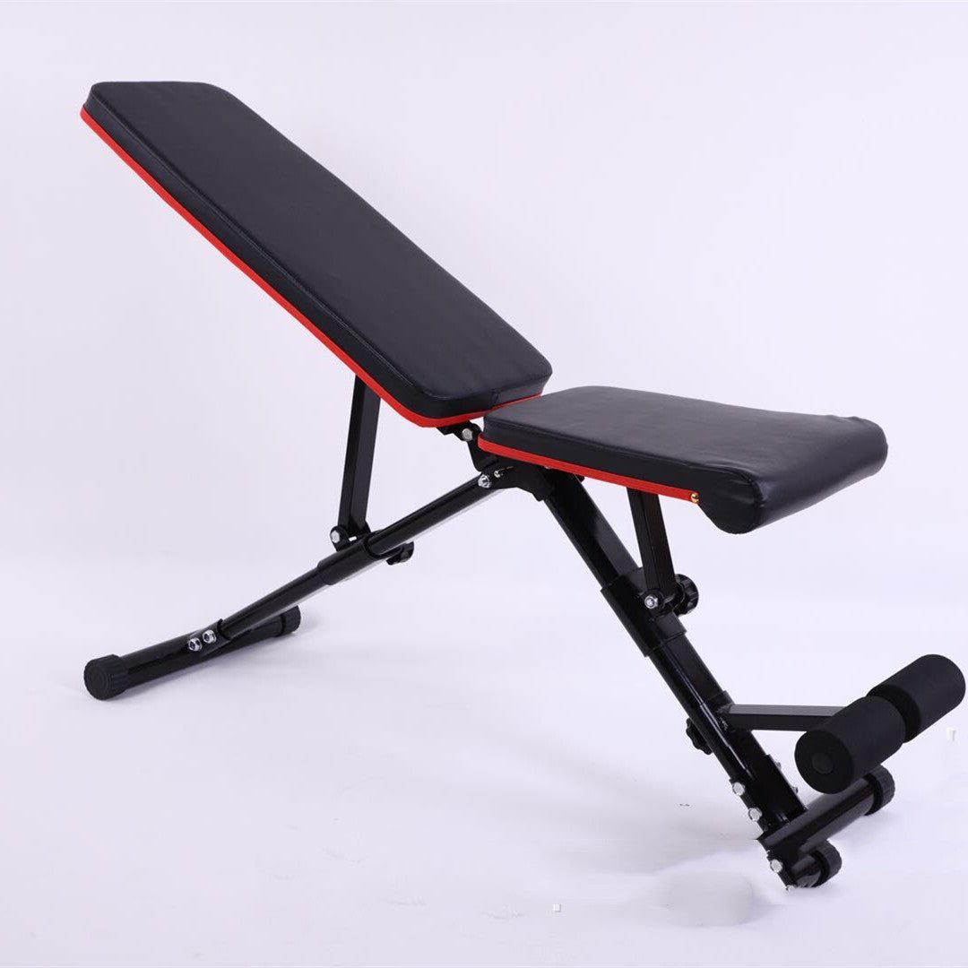 Multi-functional dumbbell bench for home workouts, foldable for easy storage. Suitable for sit-ups, strength training, and various exercises. Durable construction ensures stability and comfort.