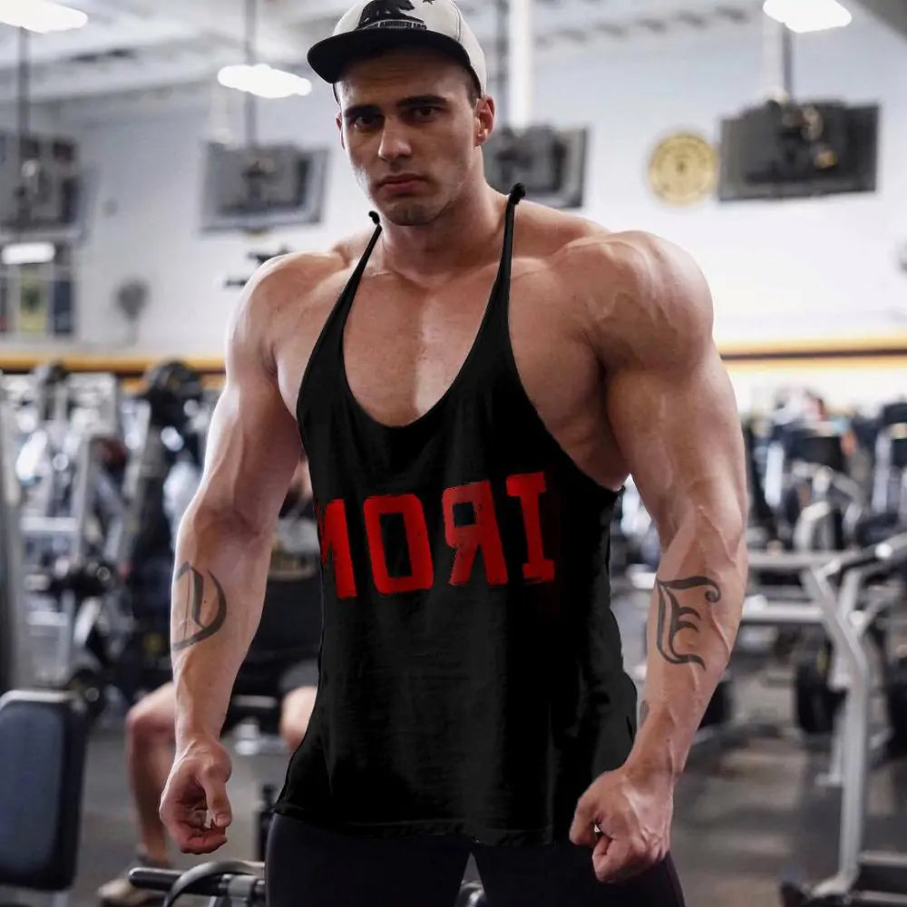 Men's Athletic Y-Back 'IRON' Printed Gym Muscle Shirt – Bodybuilding Tank Top: Lightweight and breathable tank top featuring a bold 'IRON' print, Y-back design, and thin shoulder straps for enhanced mobility and comfort during workouts or casual wear - TNT Fitness Gear