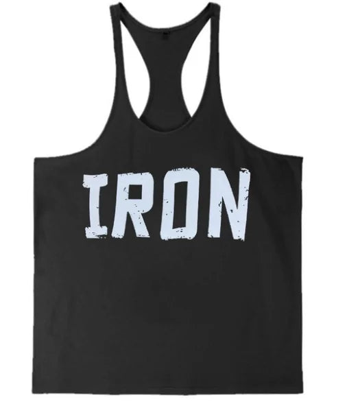 Men's Athletic Y-Back 'IRON' Printed Gym Muscle Shirt – Bodybuilding Tank Top: Lightweight and breathable tank top featuring a bold 'IRON' print, Y-back design, and thin shoulder straps for enhanced mobility and comfort during workouts or casual wear - TNT Fitness Gear