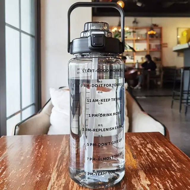 Motivational sports water bottle with time markers and a durable design, ideal for tracking hydration throughout the day during workouts, outdoor activities, or daily routines.