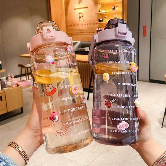 Motivational sports water bottle with time markers and a durable design, ideal for tracking hydration throughout the day during workouts, outdoor activities, or daily routines.