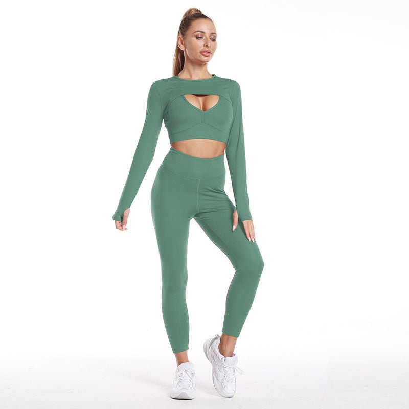 Women's 3-piece fitness and yoga set featuring a short top, a supportive sports bra, and butt lift pants. Designed with breathable, stretchable materials for optimal comfort and performance. A versatile and stylish ensemble suitable for workouts, yoga sessions, or casual athleisure wear.- TNT Fitness Gear